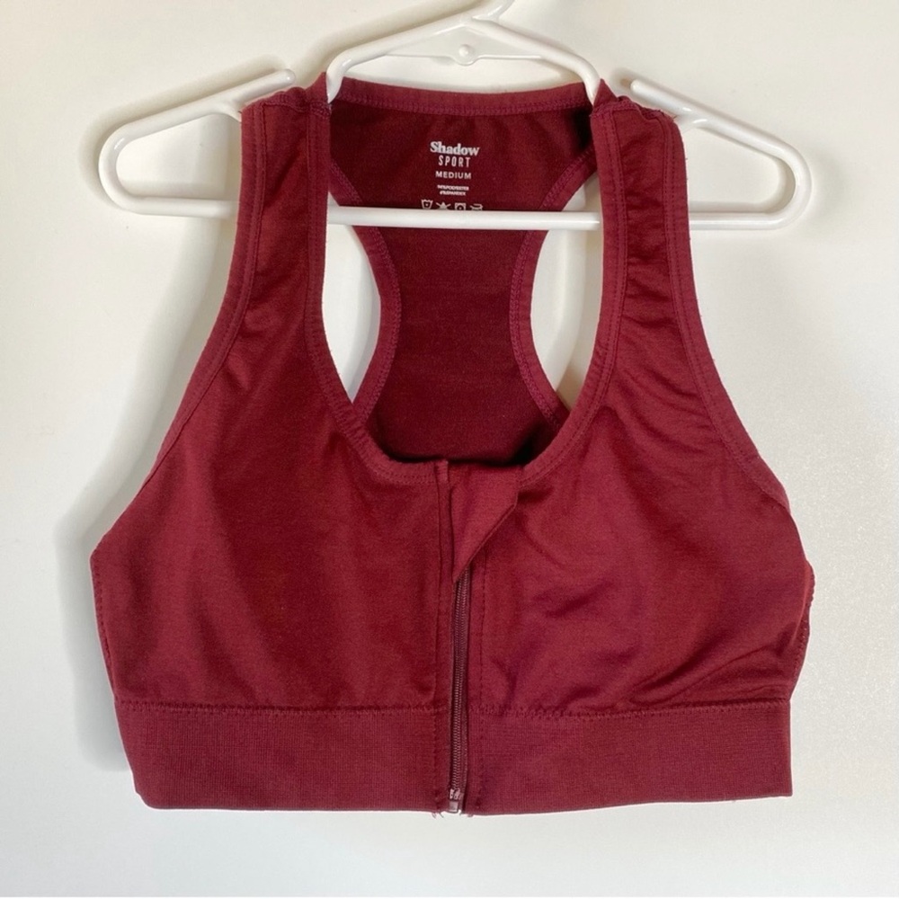 Shadow Sport Womens Sports Bra Top Sz M Burgundy Zip-Up Racerback Sporty Workout